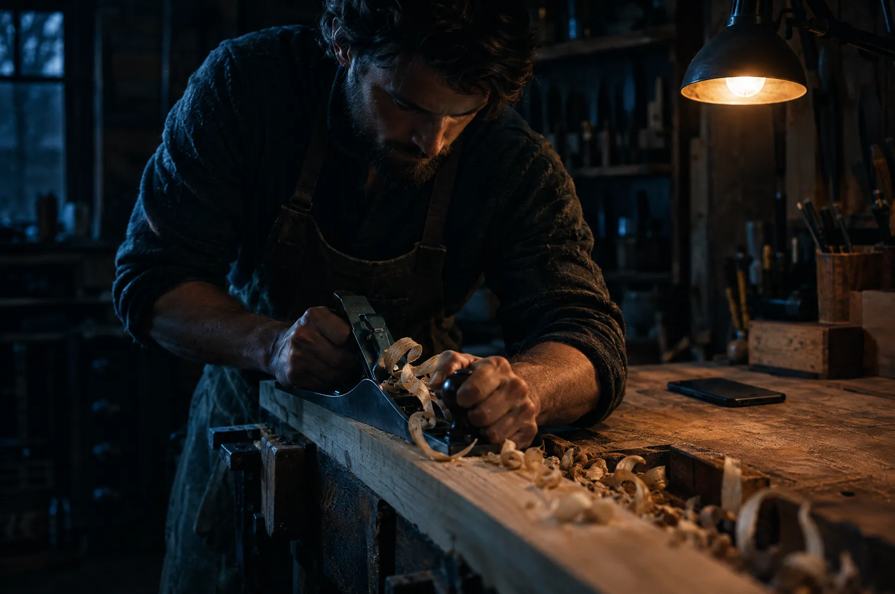 A carpenter planing a board, phone face-down behind them