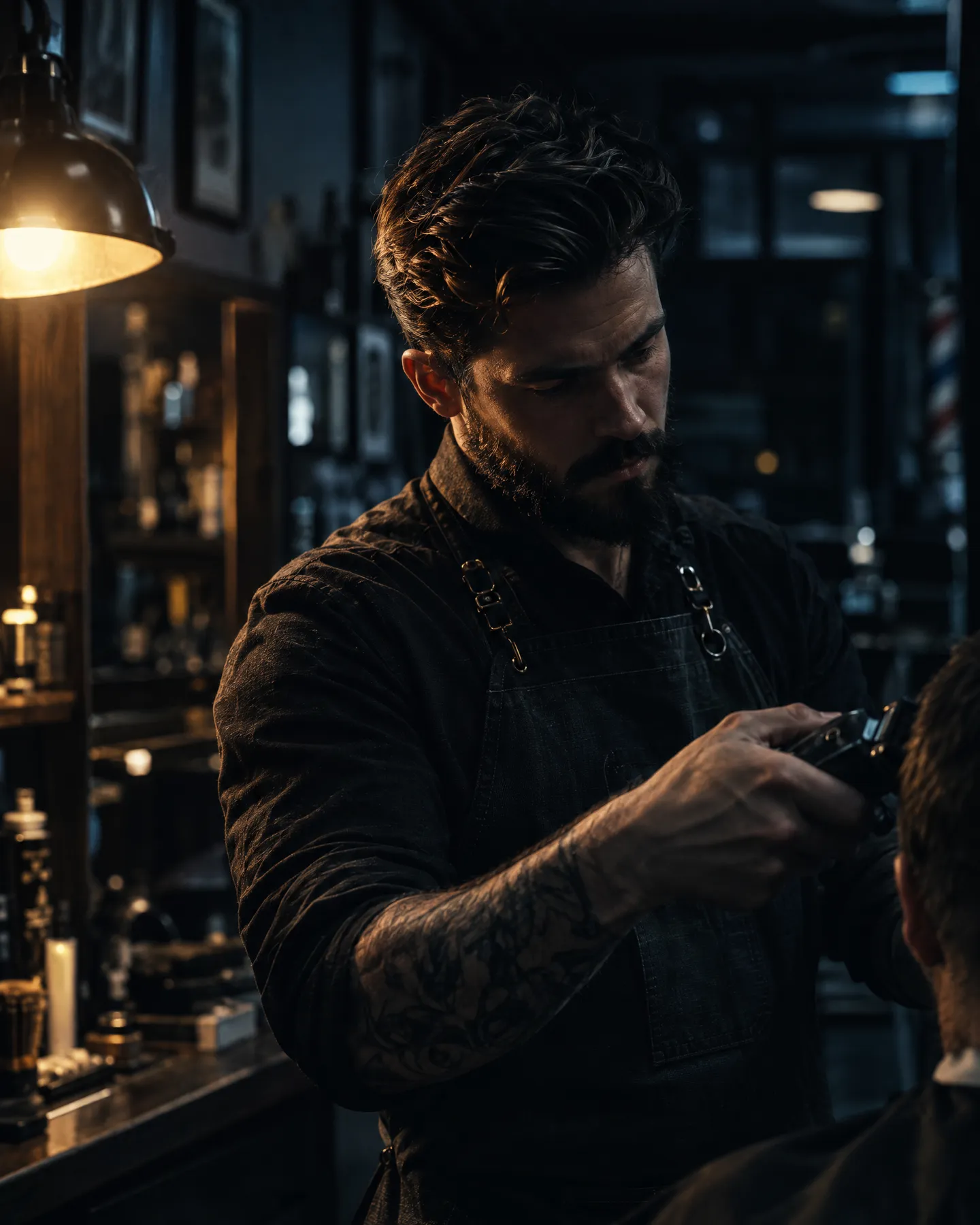 A barber mid-cut under a warm work light