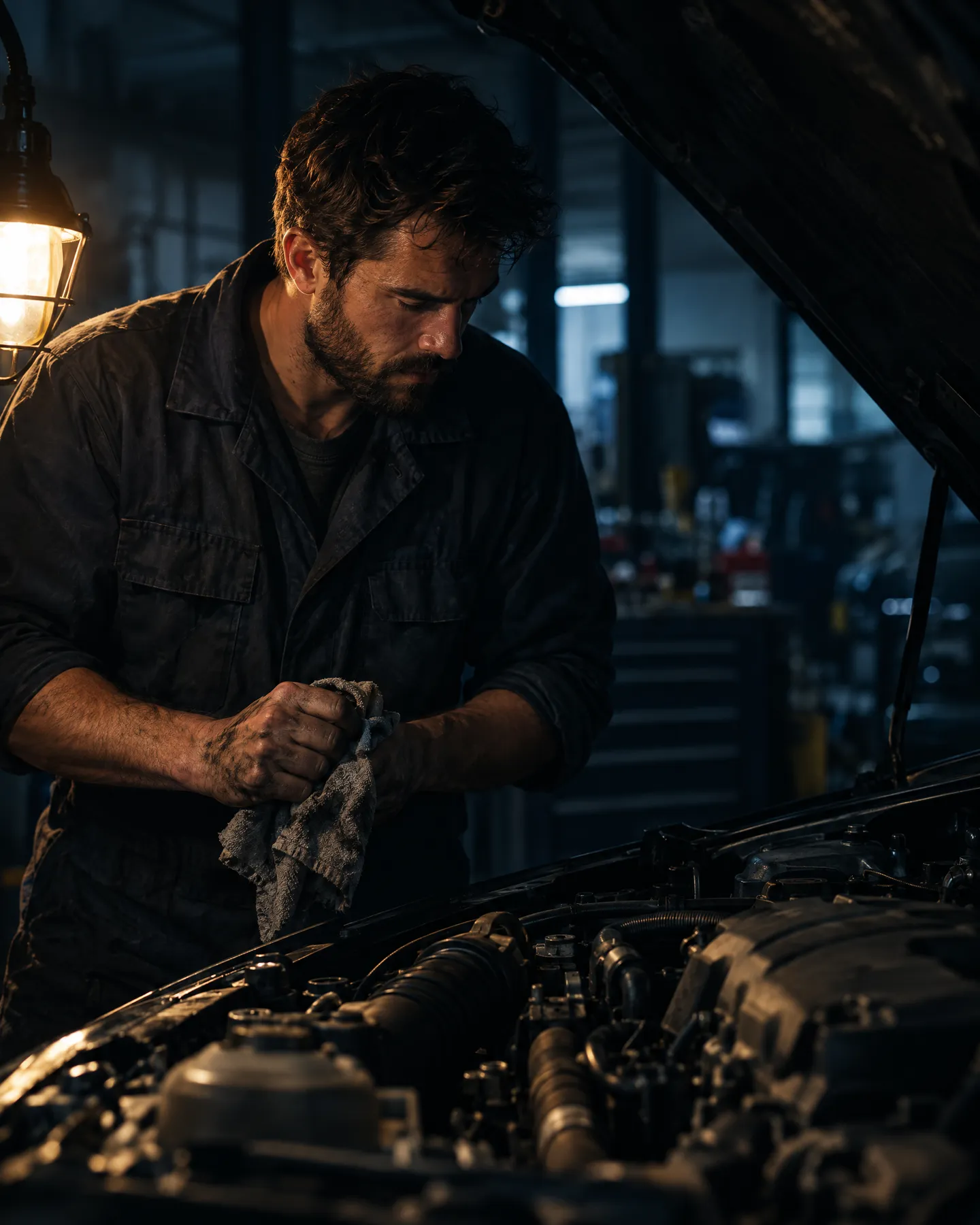 A mechanic under the hood of a car