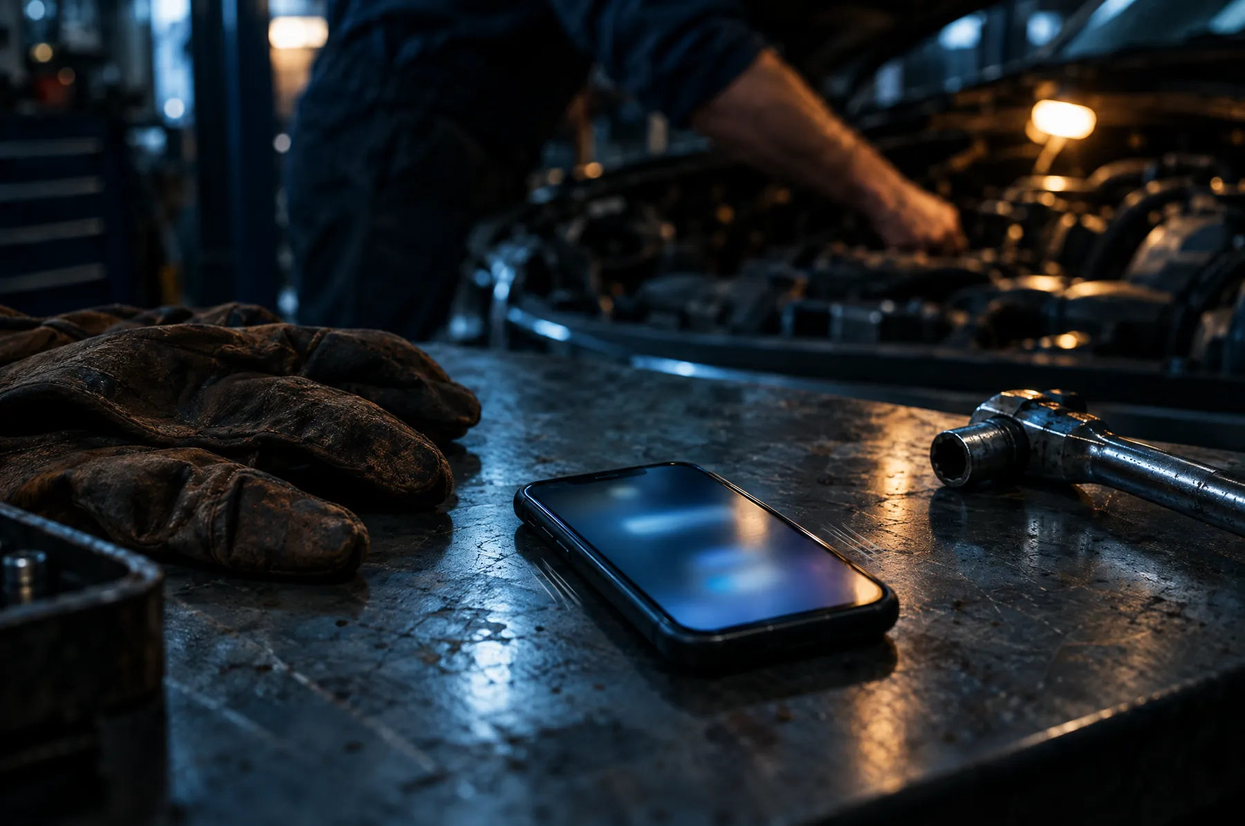 A phone buzzing on a workbench while a mechanic works