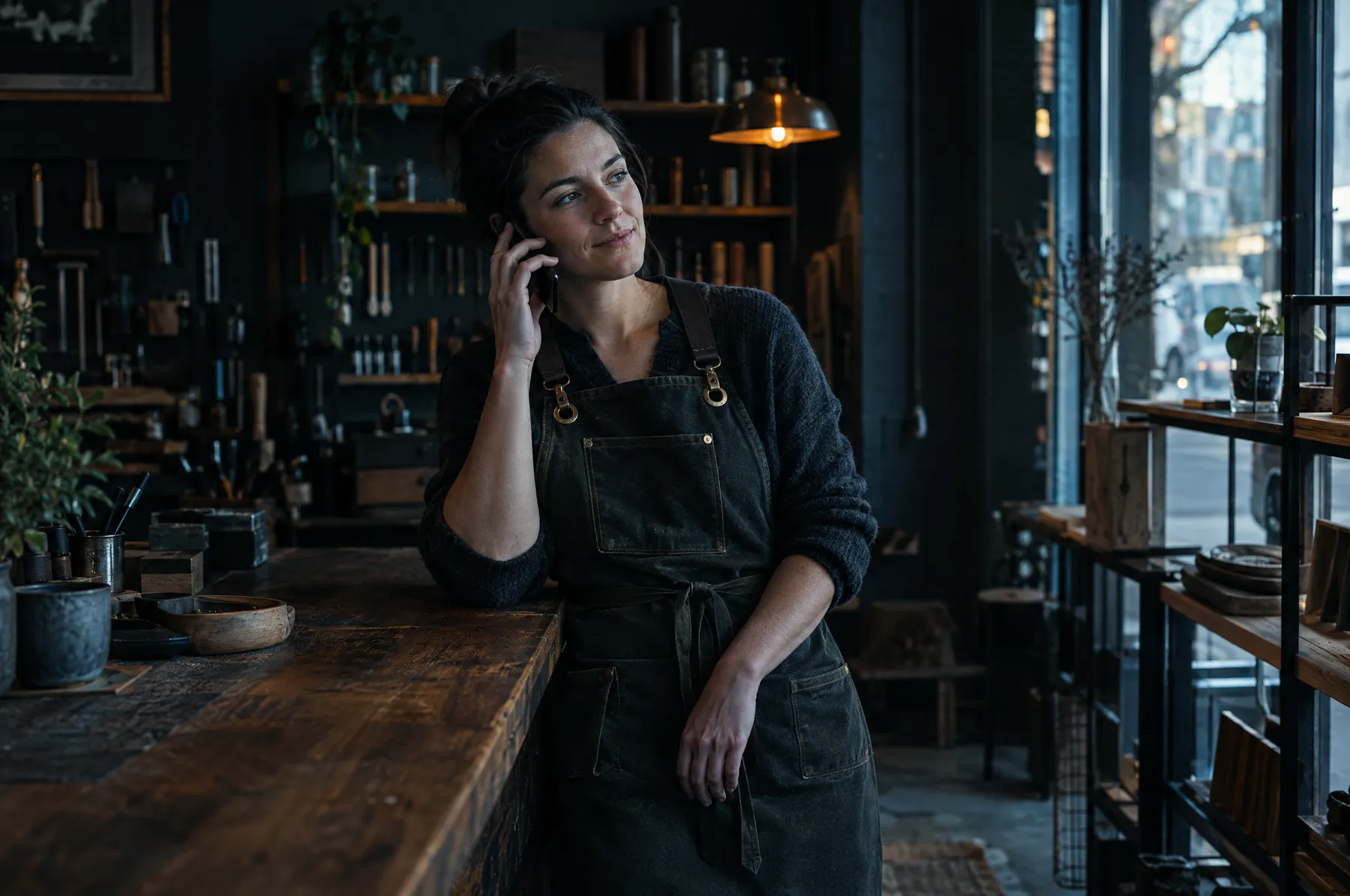 A shop owner on a relaxed phone call at the counter