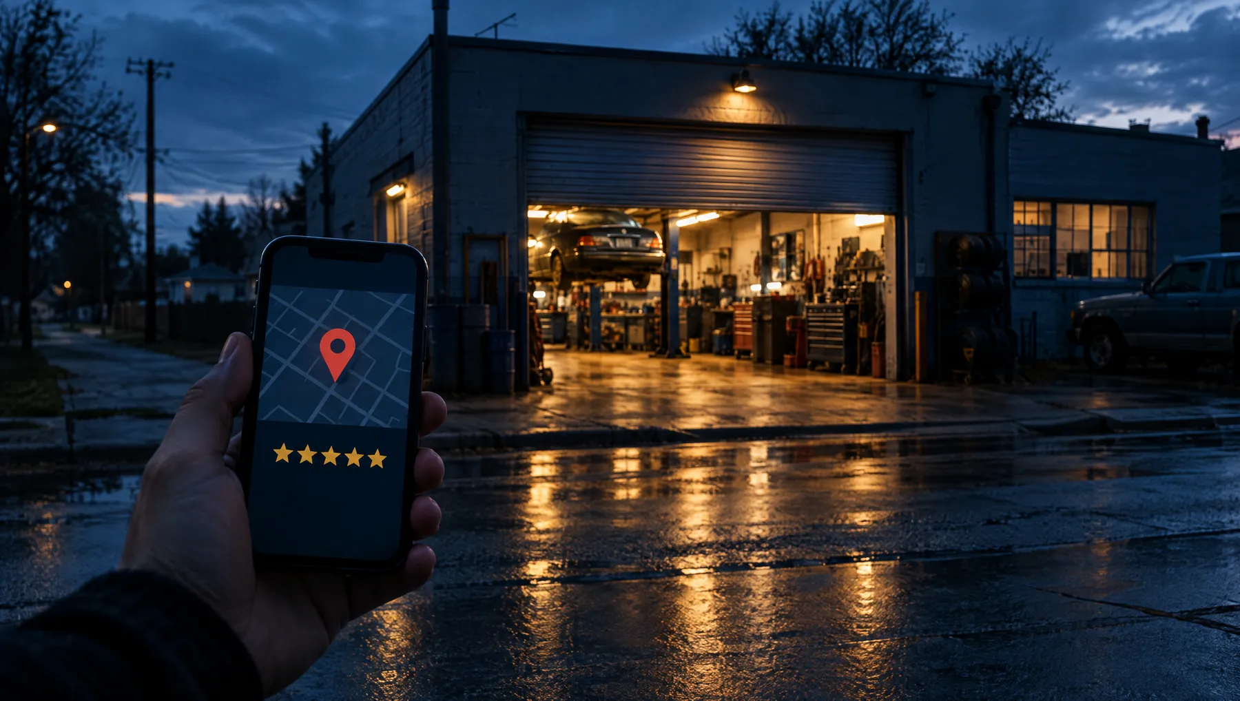 A small auto shop at dusk, seen on a phone showing a map pin and five stars