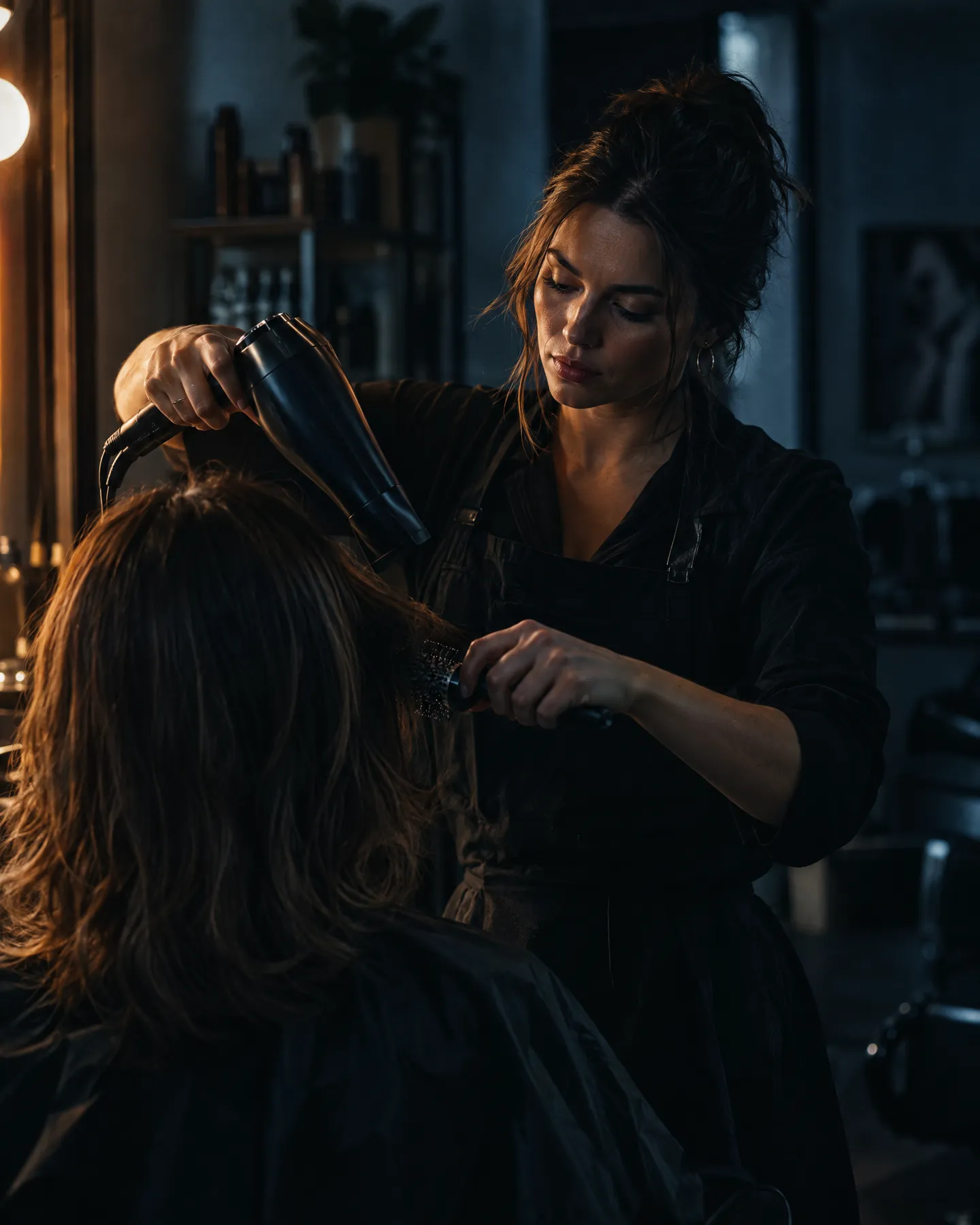 A stylist blow-drying a client's hair